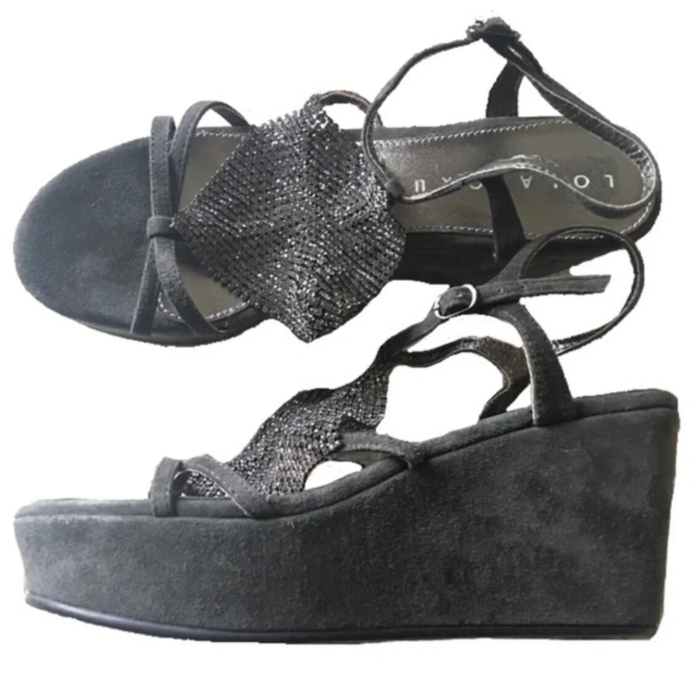 New NWOT Lola Cruz Crystal Mesh Rhinestone Suede Platform Wedge Formal Sandal